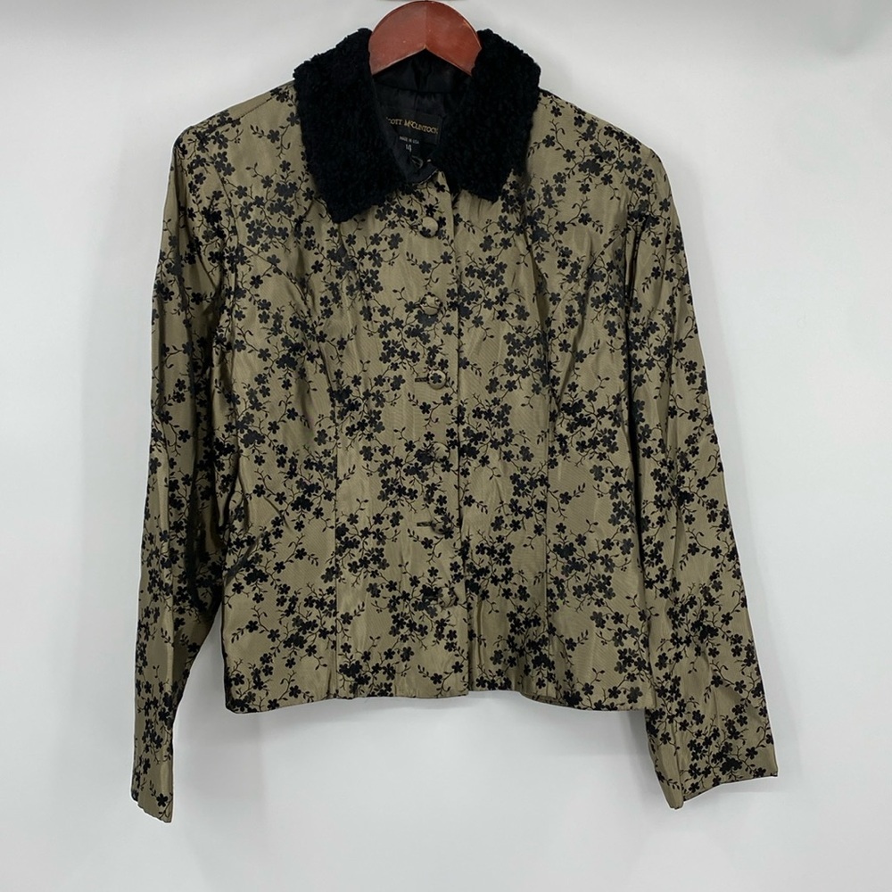 Scott McClintock Blazer Jacket Womens Size 14 Green Black Floral Sherpa Vintage